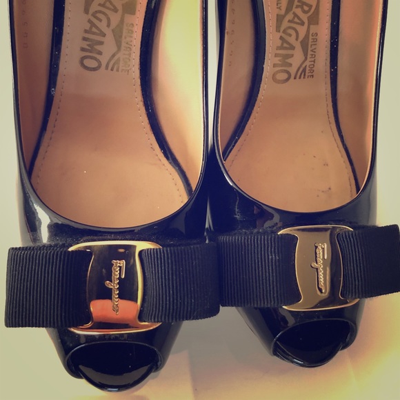 Salvatore Ferragamo Shoes - Salvatore Ferragamo Patent Leather Peep Toe Heels